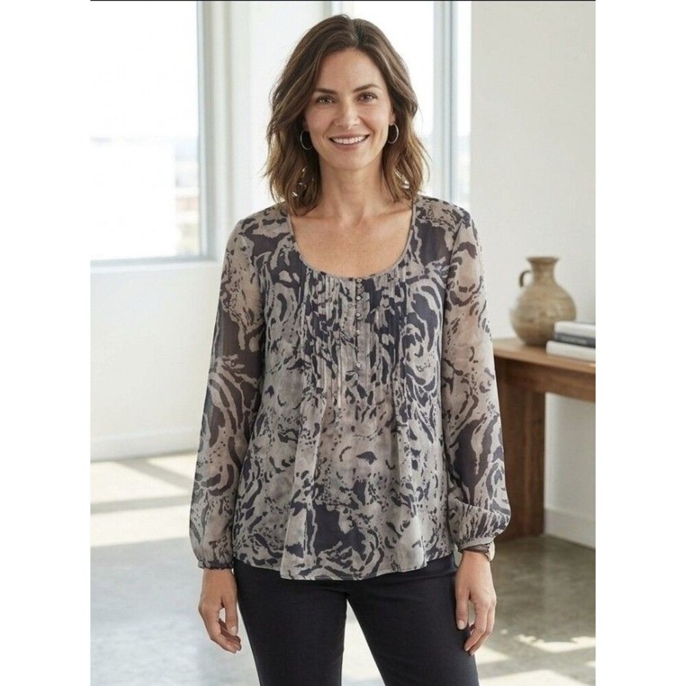 ELLA MOSS Floral Silk Shirt Women Size XS Flowy Sheer Blouse Summer Top Resort